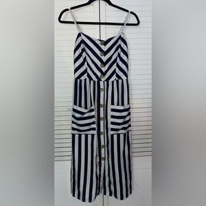 Blue and white stripe maxi dress with front buttons